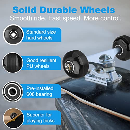 SPORTYOUTH Skateboard Wheels 52mm and Bearings Spacers Set, 95A Hard Wheels for Street Skateboard Tricks Cruiser, Pack of 4, Black