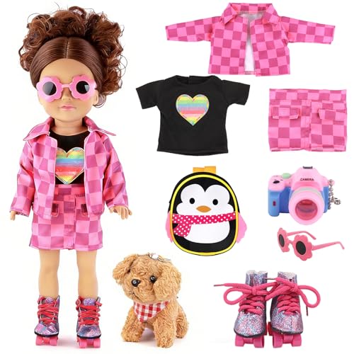 American 18 Inch Doll Clothes & Accessories Set – Includes Pink Plaid Coat, Heart T-Shirt, Skating Shoes, Pet Dog, Penguin Backpack, Camera, Glasses & More – Perfect for 18" Dolls (No Doll)