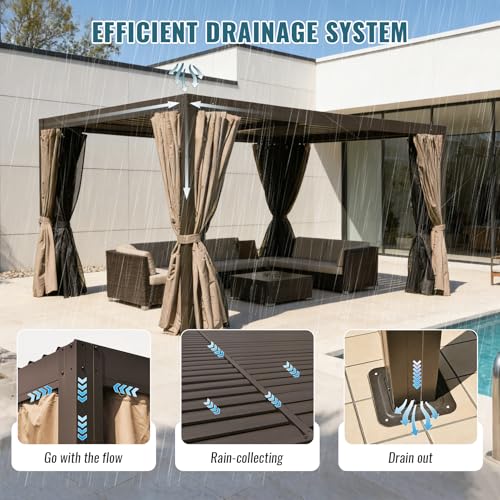 Domi 12x16FT Louvered Pergola Aluminum Structure Outdoor Pergola with Adjustable Roof Patio Pergola for Backyard Garden, Curtains and Netting, Dark Brown - Thumbnail 3