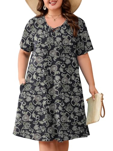 Image of AusLook Plus Size Midi Dress for Women Short Sleeve V Neck Criss Cross A Line Summer Casual Vacation Sundresses with Pockets