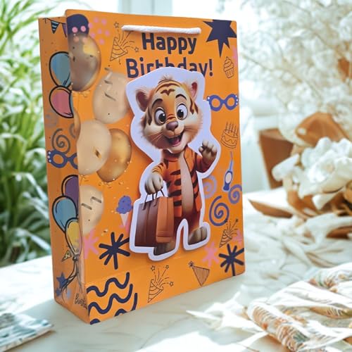 Image of TASCHE 3D Gift Bags for Return Gifts | Pop-Out Paper Bags for Kids Birthday, Baby Shower, Party Favors | 11x8x3 Inches (TIGO POP, Pack Of 40)