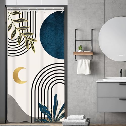 Image of Riyidecor Small Stall Navy Blue Abstract Shower Curtain Rv Boho Mid Century Minimalist Leaves Modern Geometric Gold Moon Arch 36Wx72H Inch Men Fabric Decor Bathroom Polyester Waterproof Hooks
