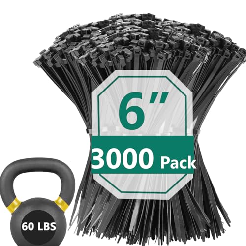 MasiStranth 3000 Pack 6 Inch Black Zip Ties,60 LBS Cable Ties,UV Resistant Nylon Wire Ties,Self-Locking Plastic Straps for Indoor&Outdoor Use