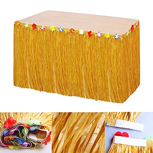 OTMVicor Hawaiian Table Skirt 9.6ft Grass Table Cloths with flowers Hawaiian Decoration for Tiki Bar Skirt Hawaiian Party