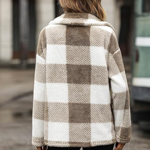 Women Fleece Jackets Casual Plaid Shacket Button Down Jacket Coats Lapel Long Sleeve Coat Outwear with Pockets3
