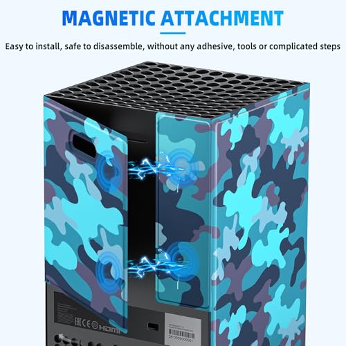 Image of Magnetic Wraps for Xbox Series X Console Accessories, New Look Design Cover Skin with Premium PU Leather, Magnetic Closure Wrap & TOP Cover for Xbox Series X, Full Protection - Blue Camo