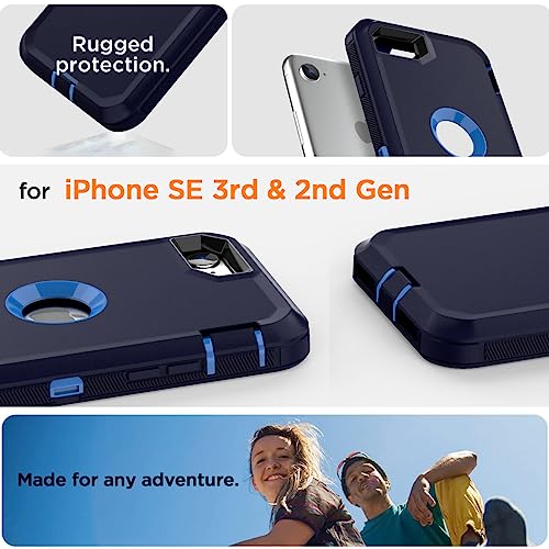 Image of AICase for iPhone SE Case 3rd & 2nd Generation, for iPhone SE 2022 /2020 Built-in Screen Protector Heavy Duty Protective Shockproof 3-Layer Full Body Rugged Phone Cover, Admiral Blue /Royal Blue