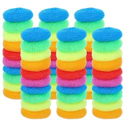 Image of 100 Pcs Plastic Scrubbers for Dishes, Round Pot Scrubbers for Kitchen Non Scratch Scouring Pads 3.35 inch Nylon Mesh Dish Scrubber Reusable Poly Mesh Scouring Dish Pads for Household Cleaning