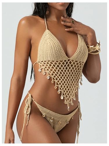 MakeMeChic Women's Boho Hollow Out Halter Bikini Sets Shell Crochet Summer Beach Swimsuit Bathing Suit2