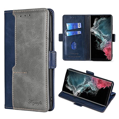 For Galaxy S22 Ultra ケース 手帳型ケース AnnhanT SC-52C SCG14 ケース カバー 横置き機能 ストラップホール付き カードポケット付き 高級PU合皮財布型 サイドマグネット スタンド機能 落下防止 耐衝撃 全面保護 Galaxy S22 Ultra ケース 手帳型 対応 (ブルー+グレー)