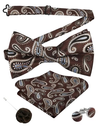 Image of Alizeal Mens 4pcs Vintage Paisley Bow Tie Set | Pre-tied Pocket Square Cufflinks Boutonniere for Wedding Everyday Use