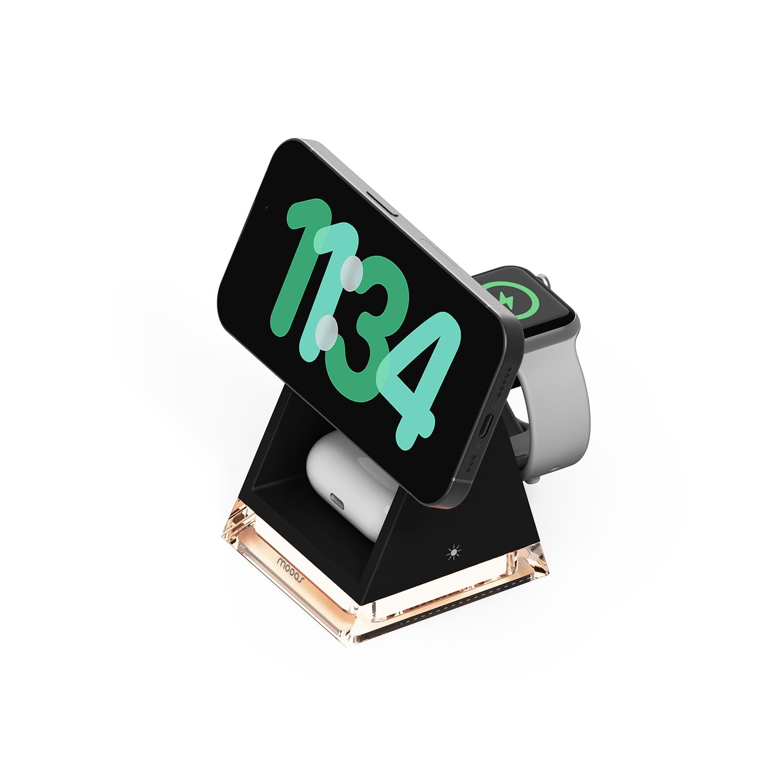 mooas Crystal Lamp 3 in 1 Mag-safe Wireless Charging Stand (Black), 2 Color Nightlight, 3 in 1 wireless charger, Compatible with iPhone 12/13/14/15, Galaxy S21, S22, S23, S24, Apple watch Galaxy watch