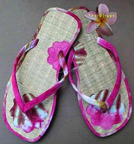 Thai Spa Slippers Resort Sandals Hotel Shoes Size 8-12 Handmade Woven From Reedmat & Batic Pink