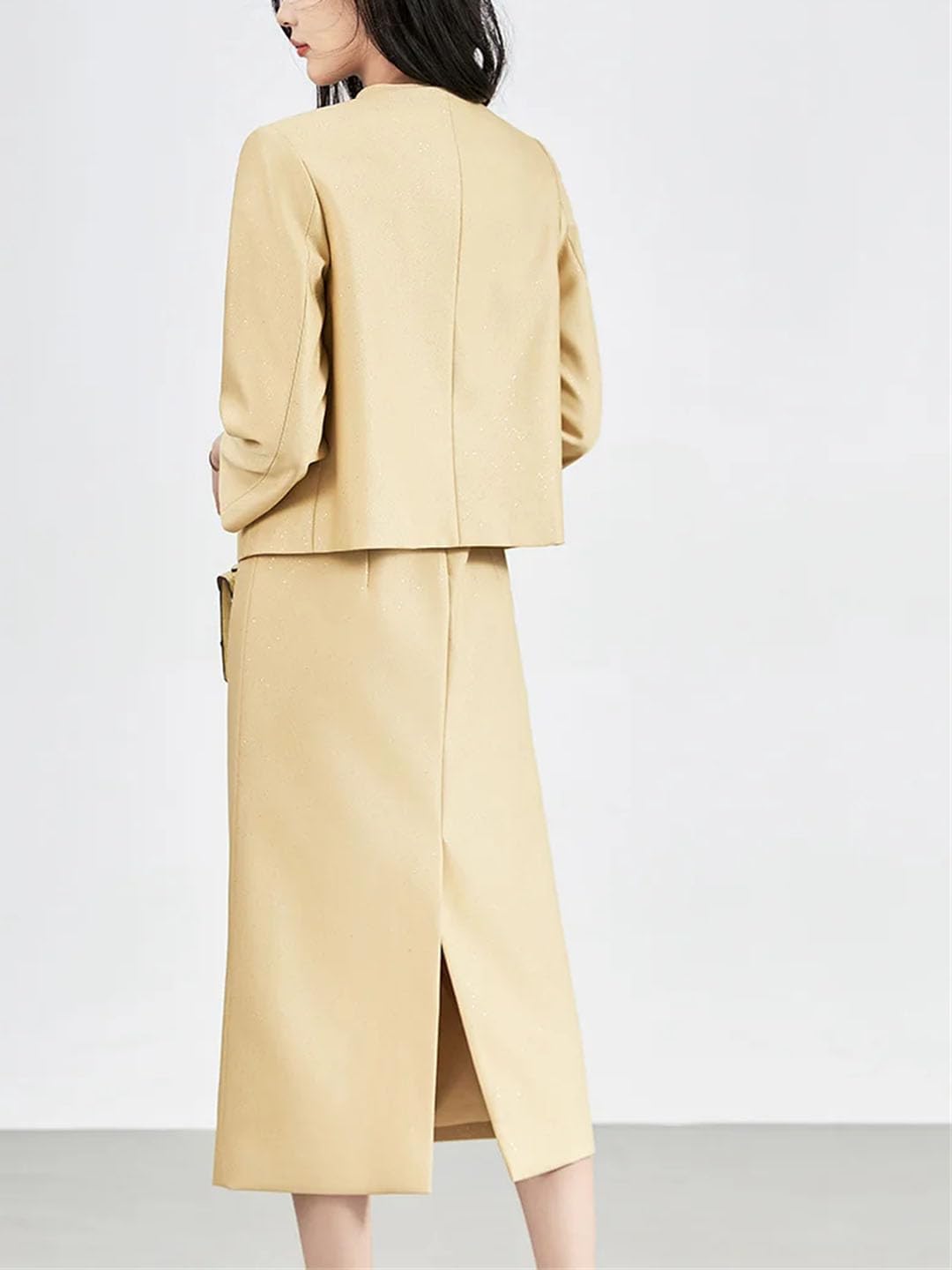 Womens Elegant 2 Piece Dress Suit with A Long Sleeve Short Open Front Jacket and A Short Sleeve Mid-Calf Sheath Dress