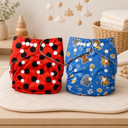 Image of Lukzer Reusable Baby Cloth Diaper with Microfiber Insert Pad, Pack of 2 | Free Size Adjustable Washable Baby Nappies with Snap Buttons | Soft Diapers with Leak Protection for Babies 3 Months-3 Years, 5-15 kg