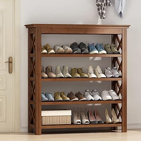 Shoe Rack 5 Tier Tall Shoe Organizer Storage with 4 Bamboo Wood Shoe Shelf for Boot Shoes Large Table Surface for Entryway Living Room Closet (39.4"L,Brown) Cover