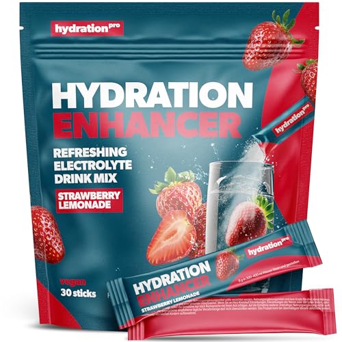 Elektrolyte Pulver - 30 Sticks - Hydration Hilfe mit 9 Vitaminen & Nährstoffen, Electrolytes - Vegan & produziert in Deutschland - Erdbeer Geschmack HydrationPro® Laborgeprüft