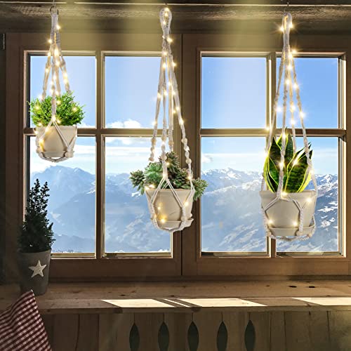 Macrame Plant Hangers With Pots Hanging Planters For Plants Plant Holders With Saucer & Led-Strip Plant Hanger With Wood Beads Decorative Flower Pot Holder For Indoor / Outdoor Boho Décor (White) #TOP1