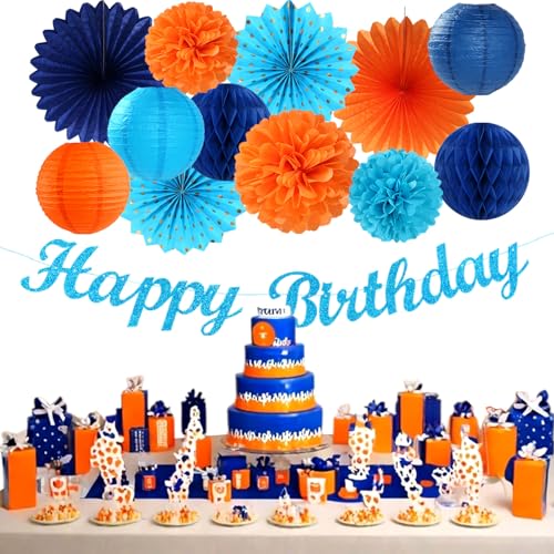 Image of Orange Blue Men Birthday Decorations - 21pcs Happy Banner Garland,Bluey Paper Streamers Lanterns,Flower Tissue Pom Poms Fan Supplies,Hanging Wall Backdrop Party Decor Huglony