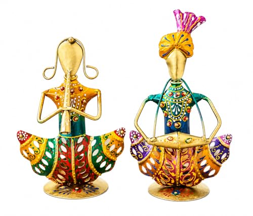 Image of Rajasthani Couple Musician Figurines Set of 2 Handcrafted Traditional Indian Art Showpiece | Decorative Table Decor for Home, Living Room, Office & Shelf Styling