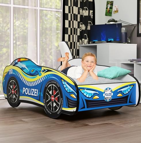ALAVYA HOME® Autobett 70x140 cm PKW Polizei mit Lattenrost und Matratze - mit Motivfolie beklebtes Spielbett Kinderbett 70x140 cm Rennwagen Autobett für Jungen und Mädchen kleine Polizisten - Blau