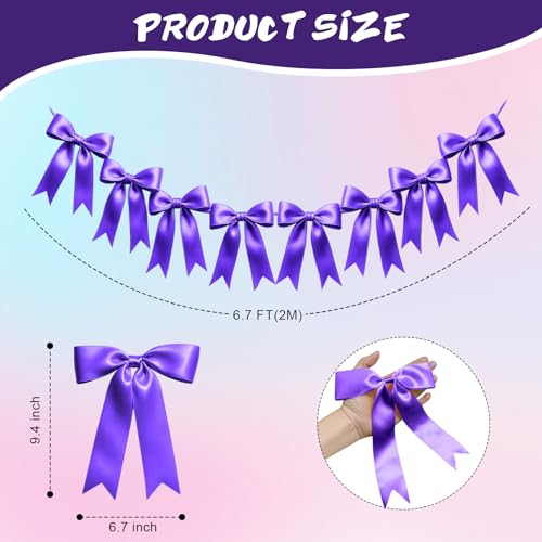 Image of 1 String of 8PCS Purple Bow Garland Banner Decoration,Pre-Strung Satin Ribbon Ornaments for Birthday,Bachelorette Party,Bridal Shower,Wedding,Engagement,Baby Shower,Graduation Decor,Anniversary
