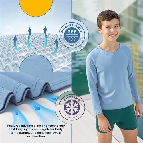 BRISIRA Cooling Boys Swim Shirt Long Sleeve Kids Rash Guard Quick Dry Fishing Beach Surf UPF 50+ Sun Protection 6-16Y4