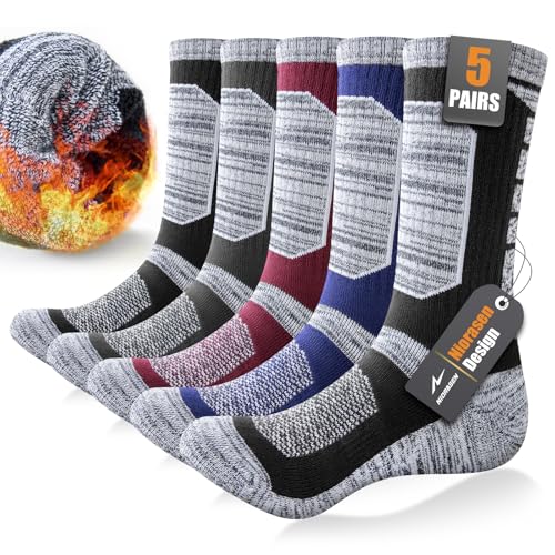 Niorasen Full Cushion Thermal Socks for Men, Thick Cotton Mens Work Socks, Padded Mens Warm Socks, 5 Pairs Crew Winter Sports Socks for Outdoor Walking Hiking Running Climbing, Multicolour, 9-11