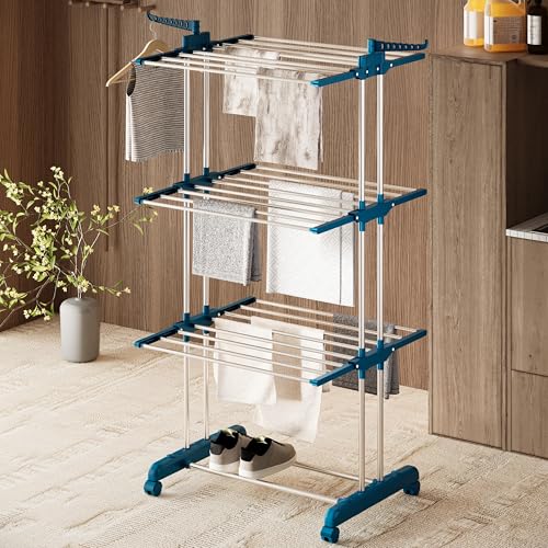 Image of amazon basics Mild Steel Double Supported 3 Layer Cloth Drying Rack | Foldable and Movable | Silver & Teal | Iron, Plastic |