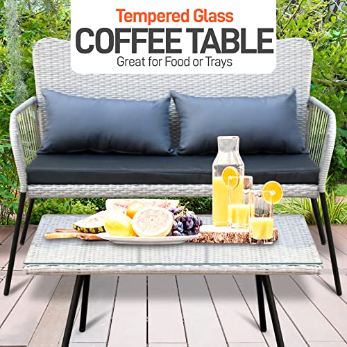 SereneLife 4 Piece Conversation/Chat Set, Outdoor Living Rattan Furniture, Includes 1 Double & 2 Single Chairs with Cushion & 1 Glass-top Coffee Table (Light Grey)