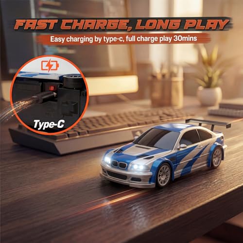 VoleRusher RC [2026 New Upgrade 1/43 Scale Mini RC Drift Car with Gyroscope, Toys for Age 8-14 Old Birthday Gifts, Micro Small with Full Proportional RTR 2.4GHz Remote 2 Tire Sets 8 Cones - Blue