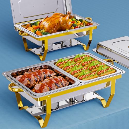 IMXSUMDA Chafing Dishes for Buffet 2 Pack, 9.5QT Chafing Dish Buffet Set, Stainless Steel Chafers and Buffet Warmers Sets for Parties Wedding, Rolled-Edge Design Buffet Servers with Gold and Silver