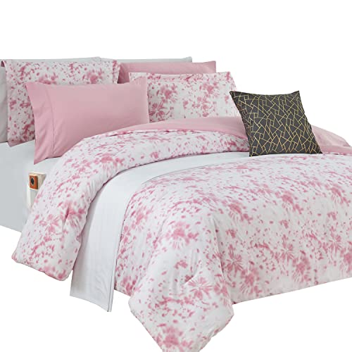 Image of Elegant Comfort Reversible 10-Piece Comforter Set, Tie-Dye Print, Decorative Pillow and Fitted Sheet with Smart Pockets, Soft, Plush, Lightweight Material, 10pc Tie-Dye Set, Twin, Light Pink