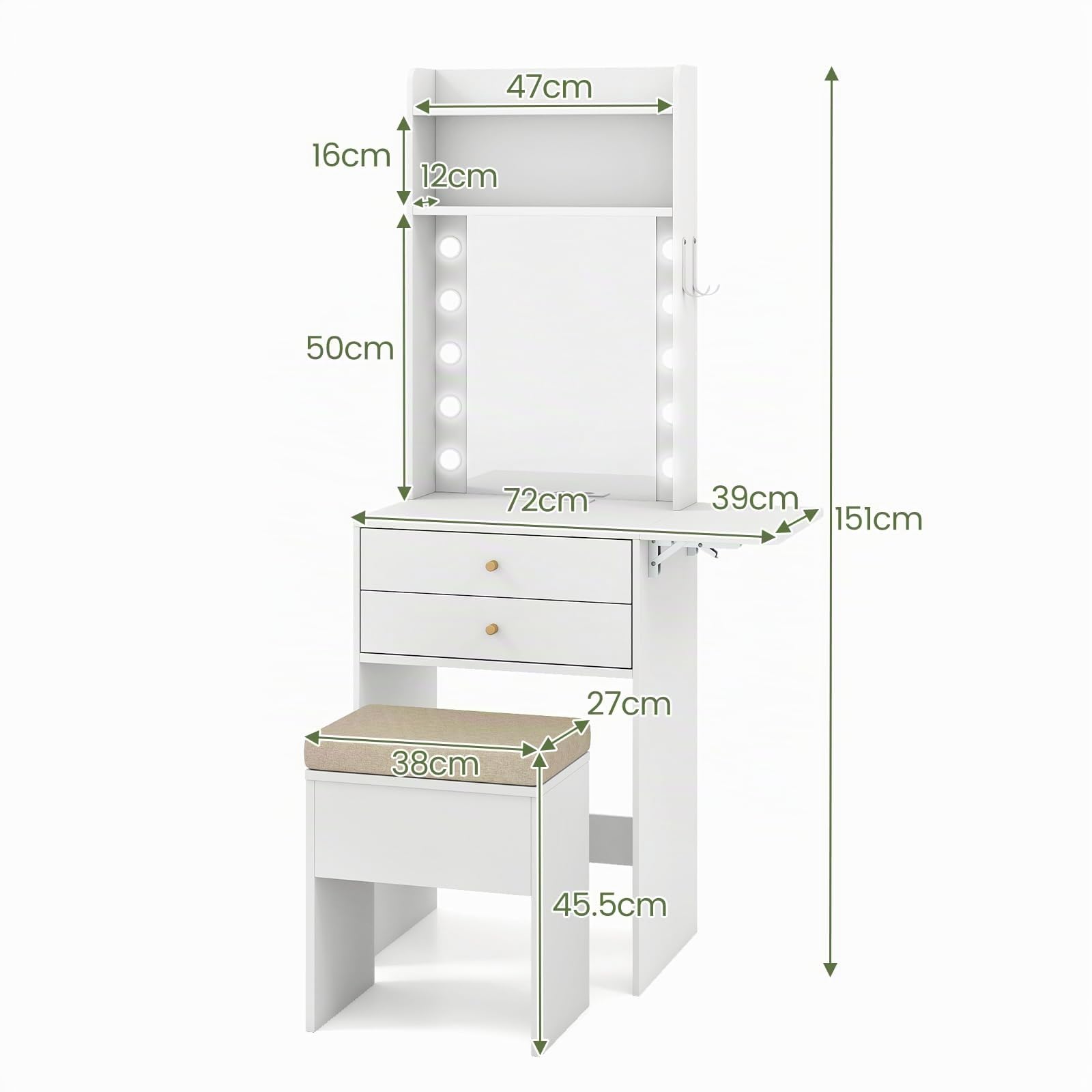 HOMASIS Toeletta Trucco con Sgabello, Mobile Trucco con Specchio e Luce Regolabile a Tre Colori, Postazione Make Up con Tavoletta Pieghevole, Prese Elettriche, 1 USB-A e 1 USB-C, Bianco