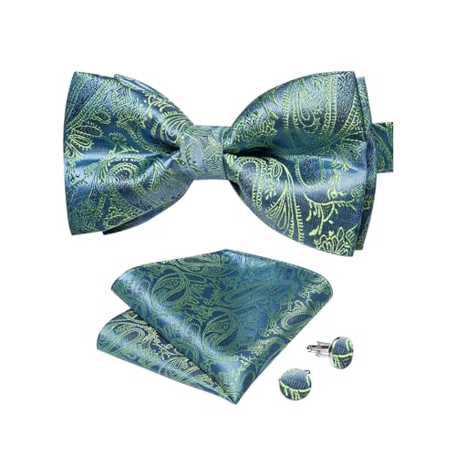 FENOKD Pre-Tied Bowtie Classic Silk Pasiley Knot Wedding Bow Tie for Men Cufflinks Set for Party Accessories Gifts (Gray As Shown)
