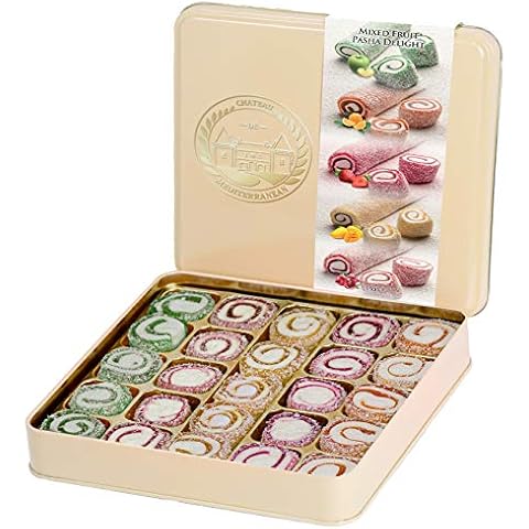 Pasha Turkish Delight Assorted Fruit Mix, Lokum Dessert Gourmet Gift Box Tin Gift Box, 500g, Chateau De Mediterranean Cover