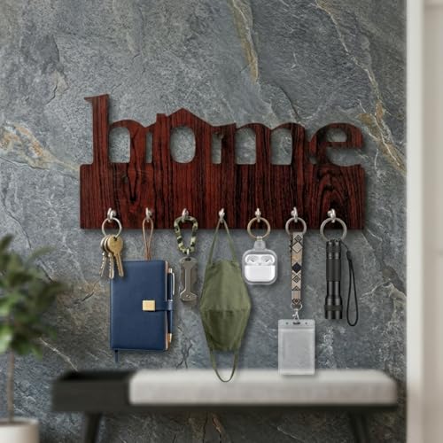 Image of Wooden Home Deign Key Holder for Wall | 7 Hooks Wall Mounted Key Hanger for Home Entrance | Decorative Wooden Key Stand for Living Room & Office | Key Organizer Rack for Wall Decor Brown