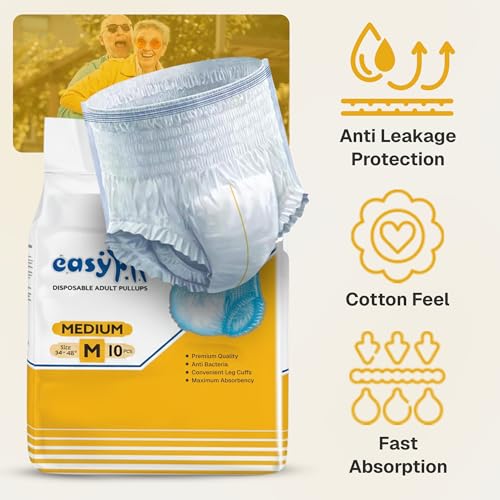 Image of Easyfit Adult Pull Ups Overnight Protection | Leak Proof Diapers Pants | Wetness Indicator | Anti-Bacterial Absorbent Core | Unisex Diapers (Size M, Pack of 9)