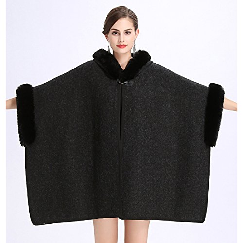 CoolD-Damen-Poncho-Cape-Winter-Umhang-Tweed-Jacken-mit-Kunstfell-Kragen-Kunstpelz-Stolen