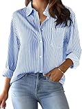 CUNLIN Blue Striped Shirt Women Blouses for Dress Shirts Womens Button Up Down Oversized Long Sleeve Blouse Collared Royal Blue Size M