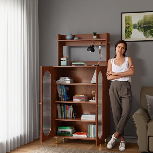 Image of Rocco Stellar Bookshelf with Upper Shelf, Auto LED Lights & Acrylic Doors | Engineered Wood Bookcase | Adjustable Shelves, Scratch-Resistant | Living Room, Library & Office (Teak Brown, Tall Size)