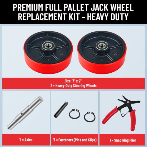 Image of Set of 2 Pallet Jack Steering Wheels (7 inch x 2 inch) Red Polyurethane on Steel Hub - Heavy Duty Replacement Parts with Pre-Installed Bearings, Axles & Fasteners - Fits Most Pallet Trucks