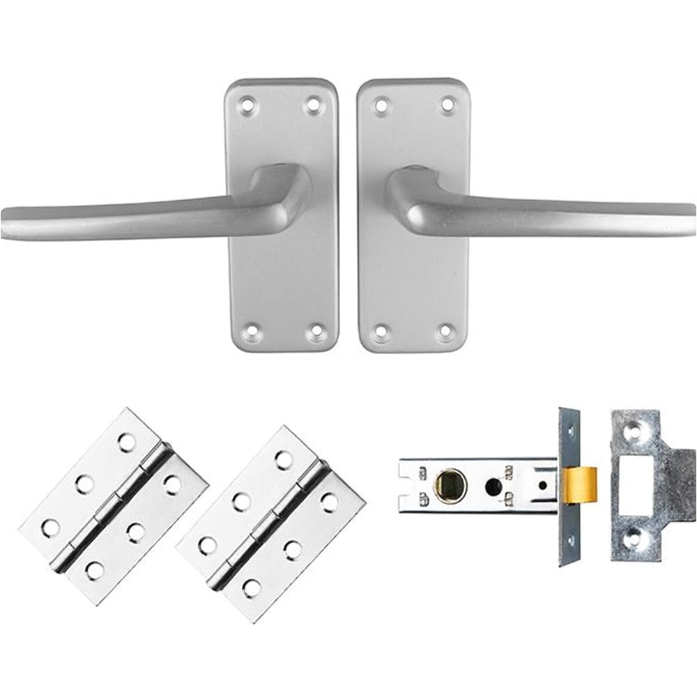 Loops Satin Anodised Aluminium Commercial Straight Door Handle & Latch Pack - Satin Aluminium Lever Backplate