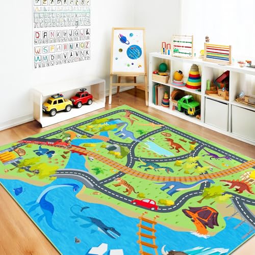 Image of Rezutan Kids Rug Dinosaur Playmat for Floor Non-Slip & Foldable Area Rug for Children Dino Road Mat for Toy Cars Washable Kid Play Mat for Bedroom, Playroom, Nursery, 140x200CM