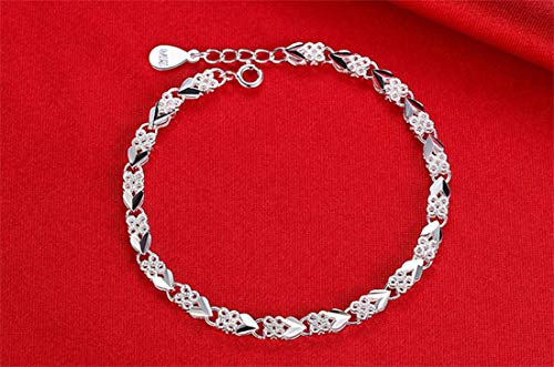 LVTING Women's Charm Bracelet Bracelet for Women Teen Girls 925 Silver Interlocking Geometric Link Bracelet Lobster Clasp Lucky Four-Leaf Clover Heart-Shaped Bracelet 7.5 Inch (Four Leaf Clover)