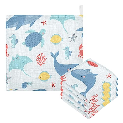Image of Burbuja Ocean Sea Fish Baby Washcloths - Muslin Cotton Soft Absorbent Baby Towel for Newborn Baby Sensitive Skin - Baby Essential Item, 12x12 in, 5 Pack