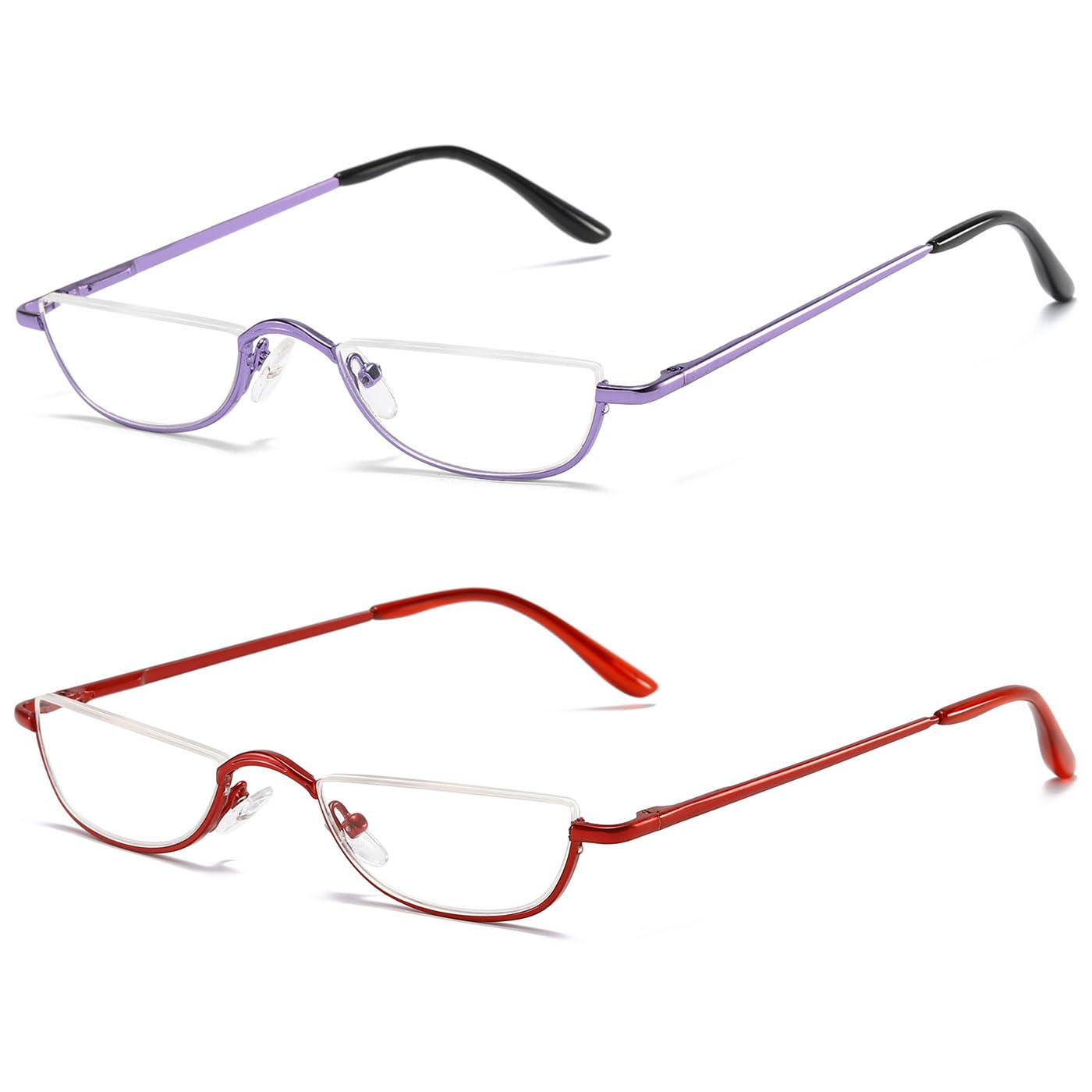 ABETOS 2 Pack Half Moon Reading Glasses Half Frame Semi Rimless Metal Strong Eyewear Spring Hinge Clear Lens Lightweight Fashion Computer Readers for Men Women Purple&Red 2.0