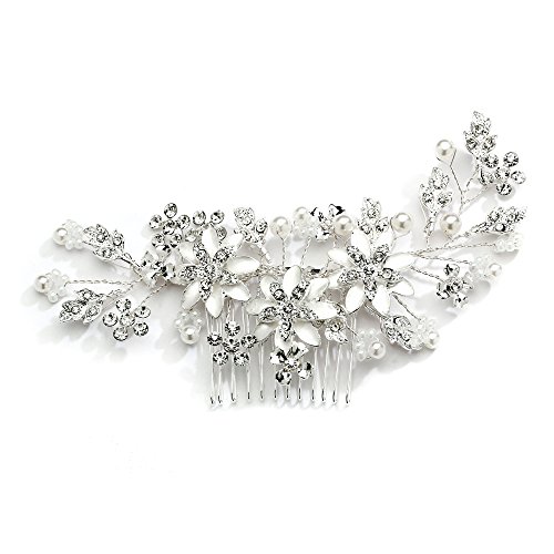 Mariell Crystal and Soft Ivory Pearl Wedding Bridal Hair Comb Headpiece with Hand-Painted Silver Leaves