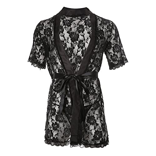 Men Lace Kimono Robes Long Sleeve Sexy Mesh Sheer Belted Cardigan Bathrobes See Through G-String Thong Sleepwear 3 Piece