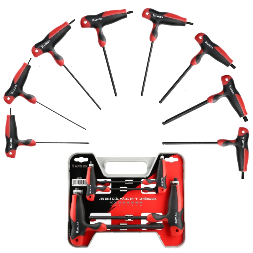 Juego de 8 llaves Allen esféricas incorporadas en 'T' – Percha – 250191 – Llaves macho 6 Pans esféricas – Asas ergonómicas